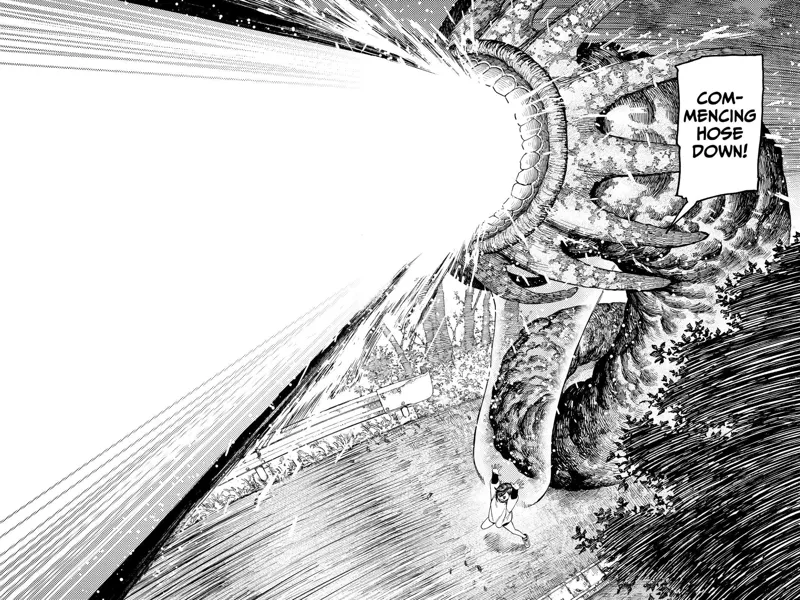 Momo raises the worm's head as it spews water like a firehose.