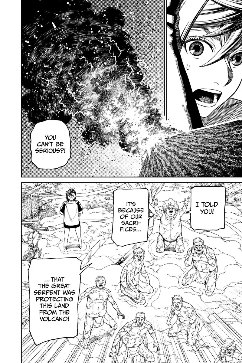 Momo sees smoke, flame, and lightning coming out of the volcano. The Kito Family watches the eruption.