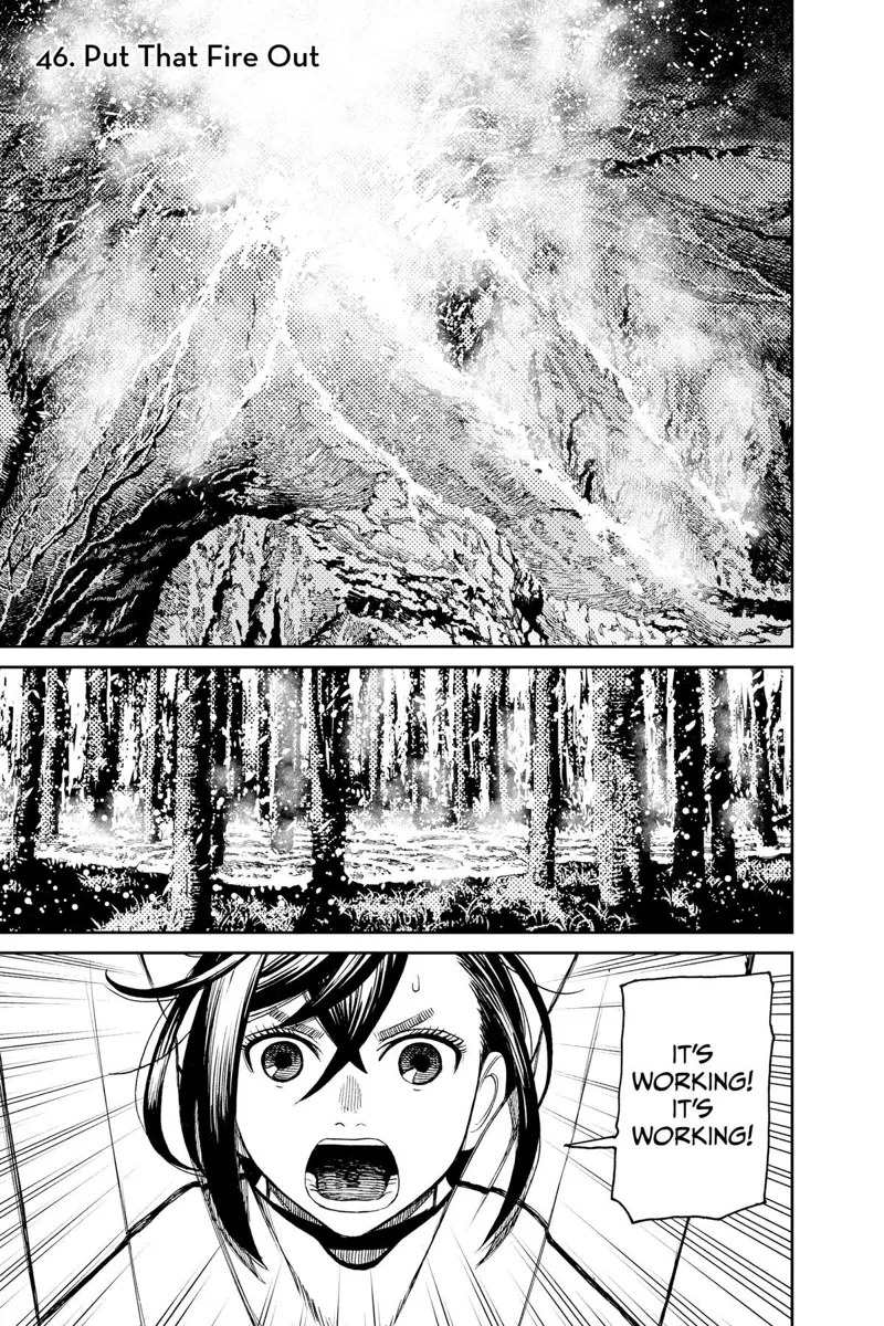 The volcano keeps erupting and lava flows out, burning the forest. Momo exclaims!