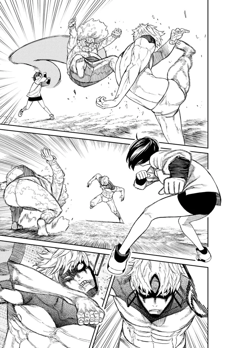 Cursed Jiji misses his kick as Momo pulls away the Kito Family leader grandma. The priest kicks Jiji in the mouth.