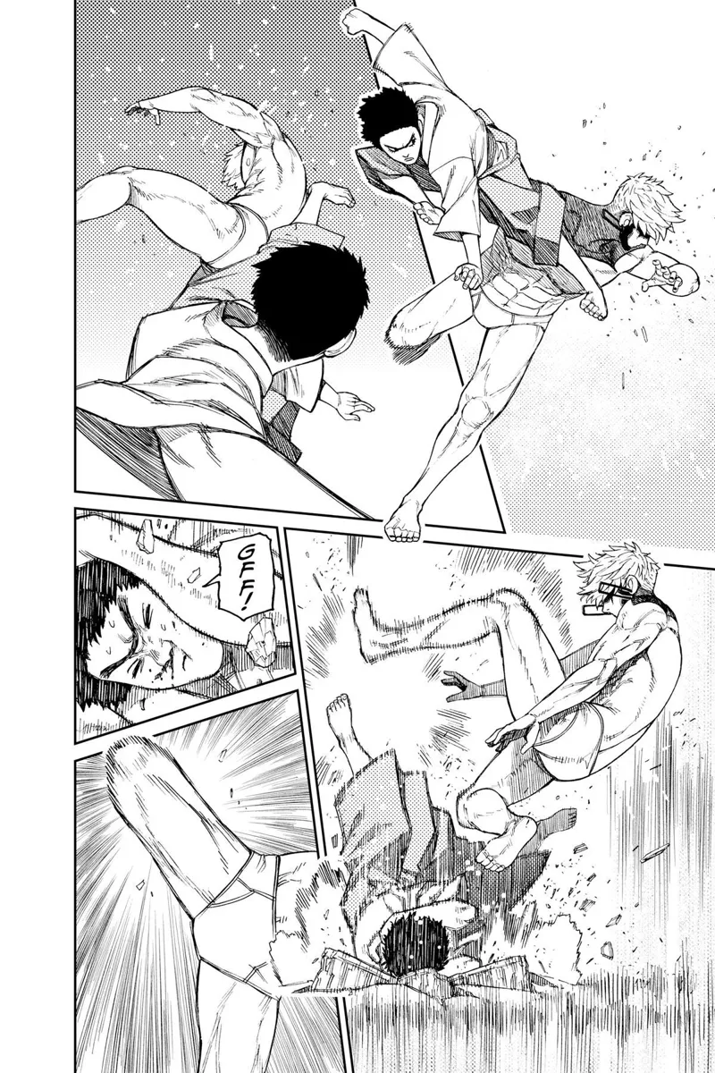 The priest's flying kick hits, but Jiji counters with a kick and hits the priest's face.