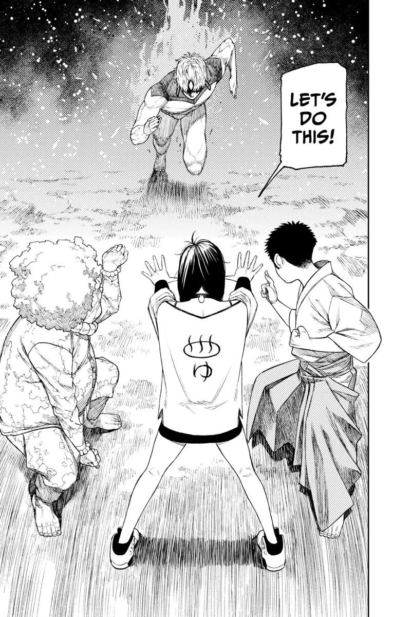 Cursed Jiji runs towards them as Momo, the priest guy, and the Kito Family leader's grandma prepare for his attack.