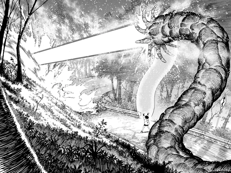 Momo uses the giant Mongolian Death Worm as a firehose to put out the forest fire.