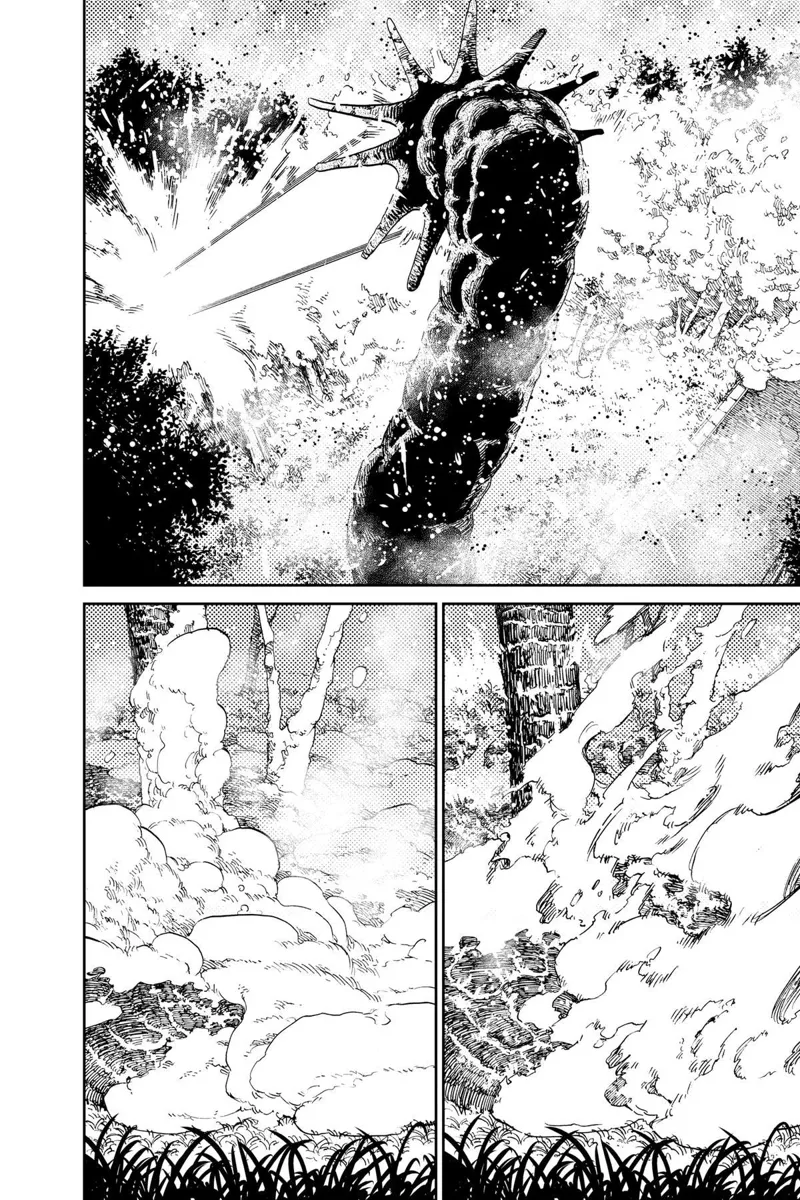 The giant worm extinguishes the fire.