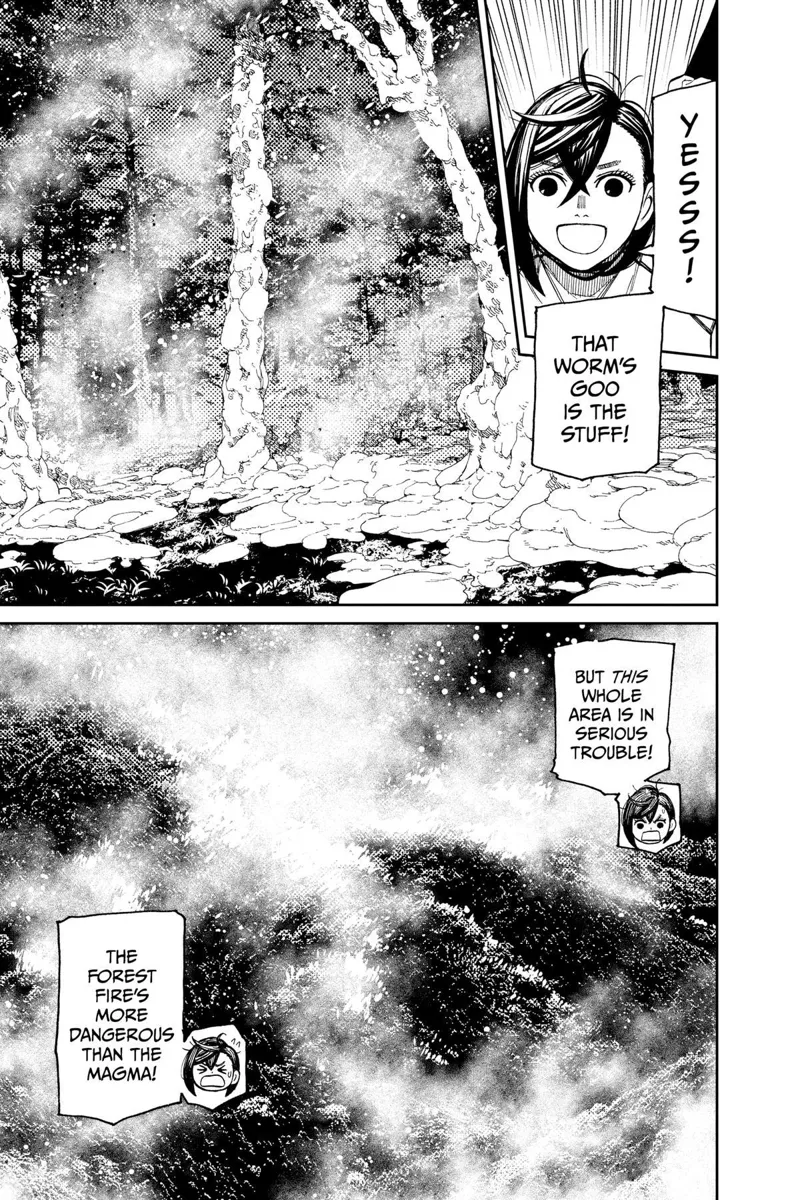 Momo looks happy seeing the worms goo put out the fire. But the huge forest fire rages on.