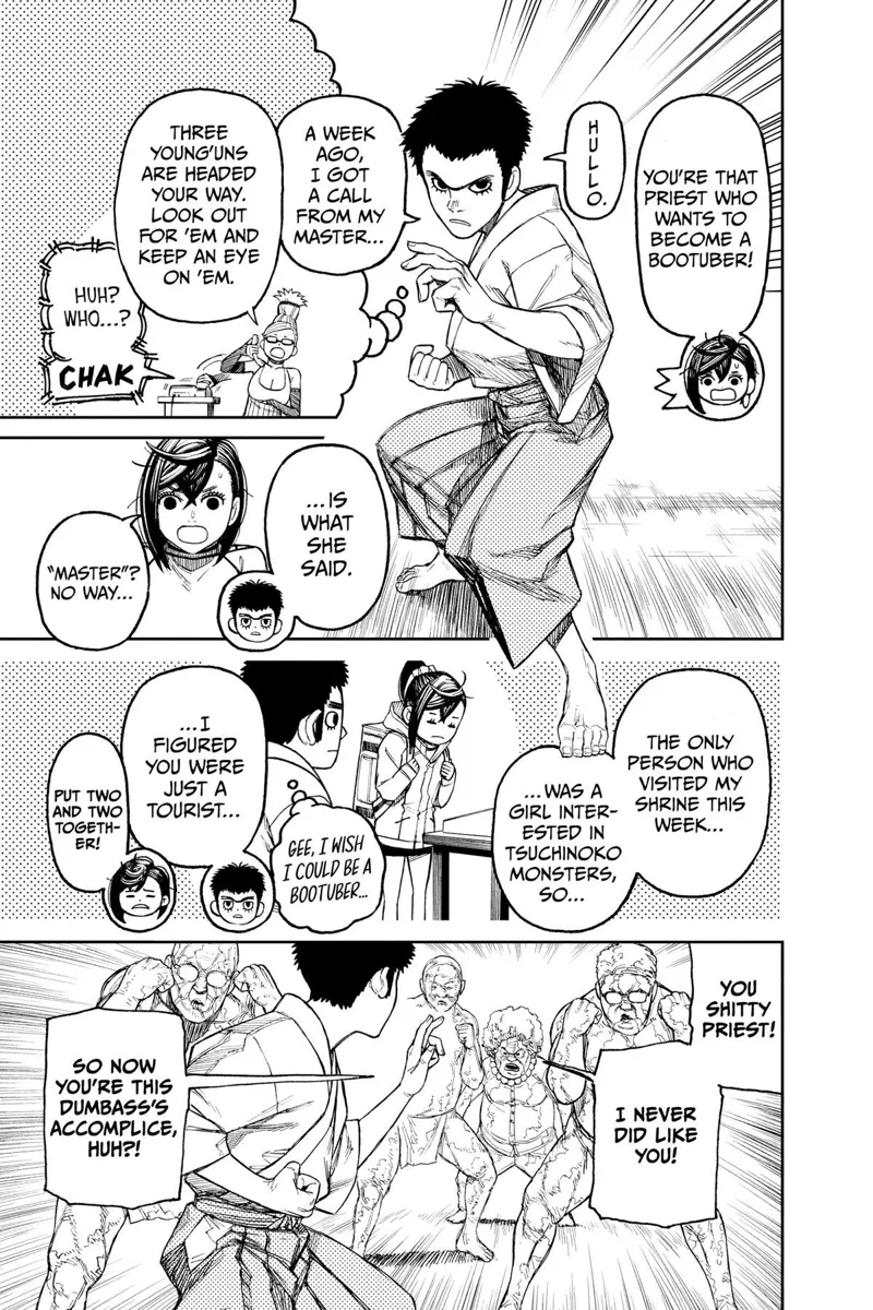 The priest guy reveals Grandma Seiko Ayase is his master. He explains their phone call & prepares to fight the Kito Family.