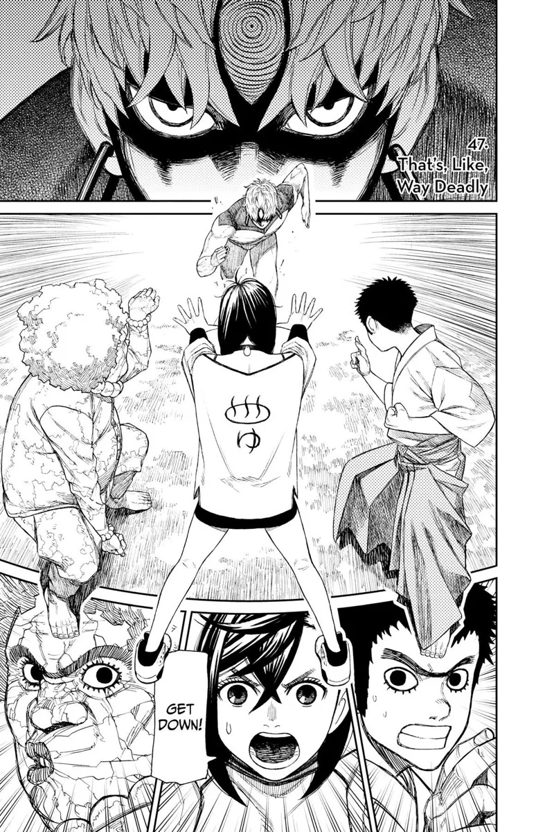 Jiji runs towards the trio, Momo, the priest guy, and the Kito Family leader grandma to attack them.