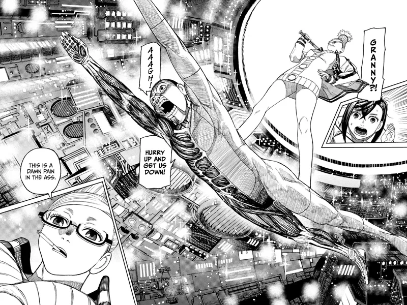 Grandma Seiko Ayase arrives from the spaceship, standing on the mannequin statue, Taro.