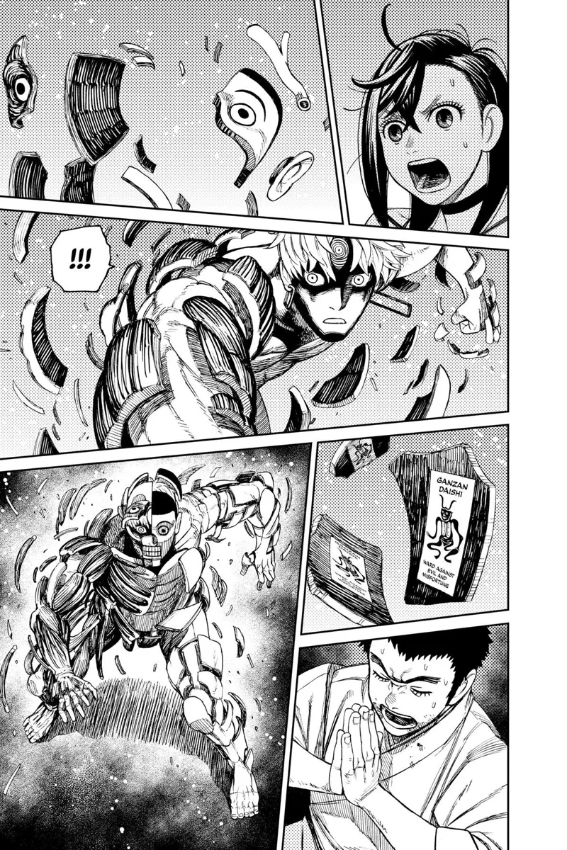 Taro's broken body parts, now with seals, suddenly stick to cursed Jiji's skin and cover his body. Manjiro prays.