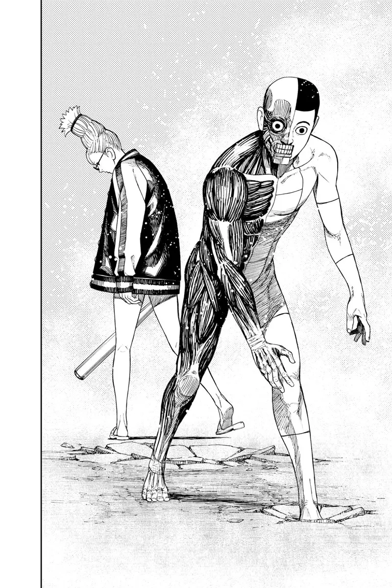 Grandma Seiko Ayase stands behind Taro, who just finished covering cursed Jiji with his body parts.