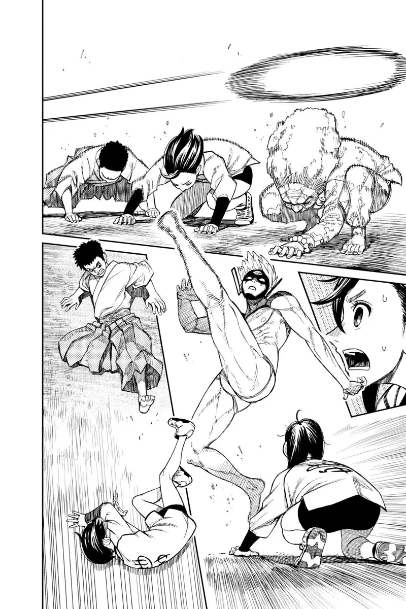 Momo, the priest guy, and the Kito Family leader, Grandma, duck and evade a spirit ball. Cursed Jiji tries to kick Momo.