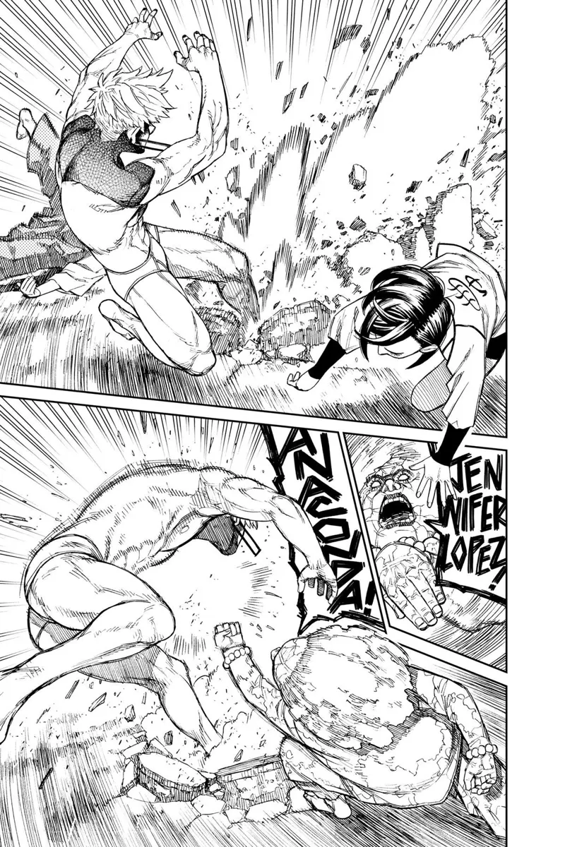 Momo ducks cursed Jiji's axe kick. Kito Family leader grandma, or Kito grandma, punches Jiji.