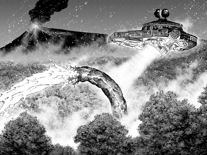 The volcano erupts while the UFO uses the worm to extinguish the forest fire.