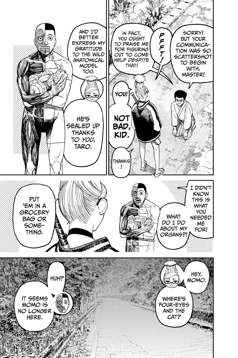 Manjiro kneels while Grandma reprimands him. Taro stands carrying his internal organs. Momo disappears.