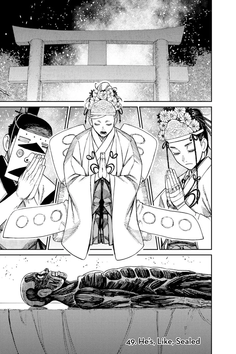 Momo, Grandma, and Manjiro are praying while wearing traditional costumes. Taro lays down on the table.