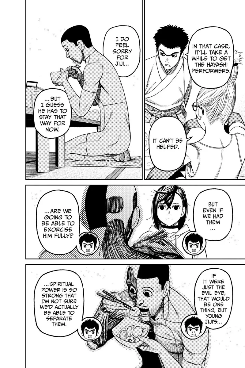 Grandma and Manjiro discuss exorcising Jiji from the Evil Eye's grasp.