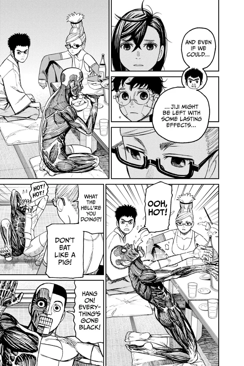 Grandma and Manjiro watch Taro eating. Suddenly, he burns his mouth and reveals everything has gone black.