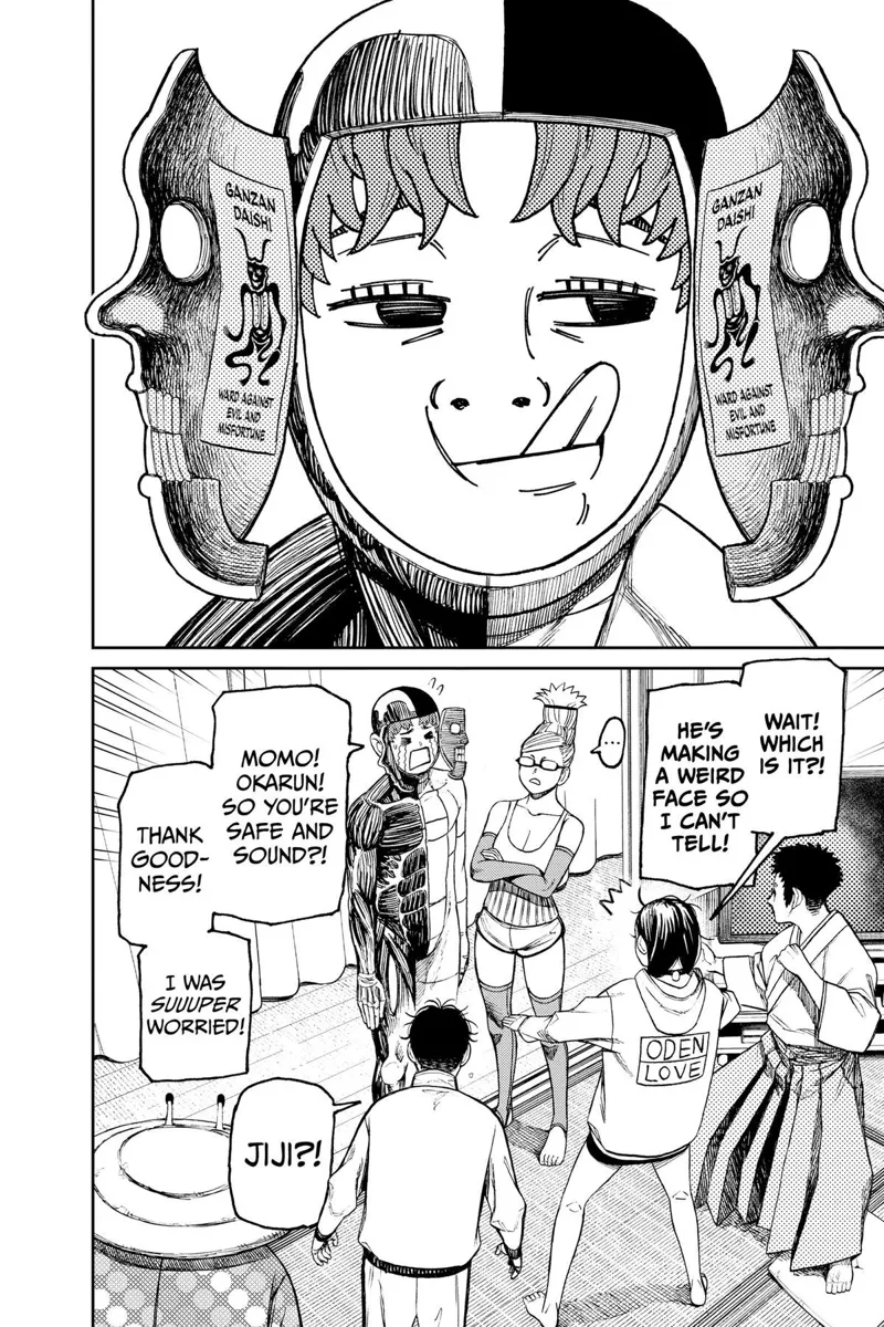 Jiji makes a weird face while inside Taro's body. He cries after seeing Momo and Okarun safe.