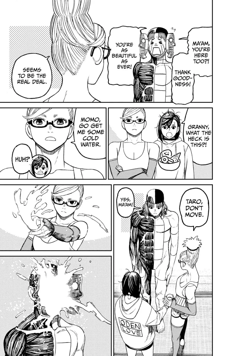 Jiji cries upon seeing Grandma as well. Grandma gets a cold water and throws it at Jiji's face.