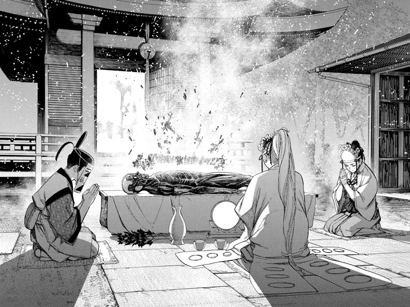 Momo, Grandma, and Manjiro keep praying at Taro, who remains calm lying down while smoke comes out of him.