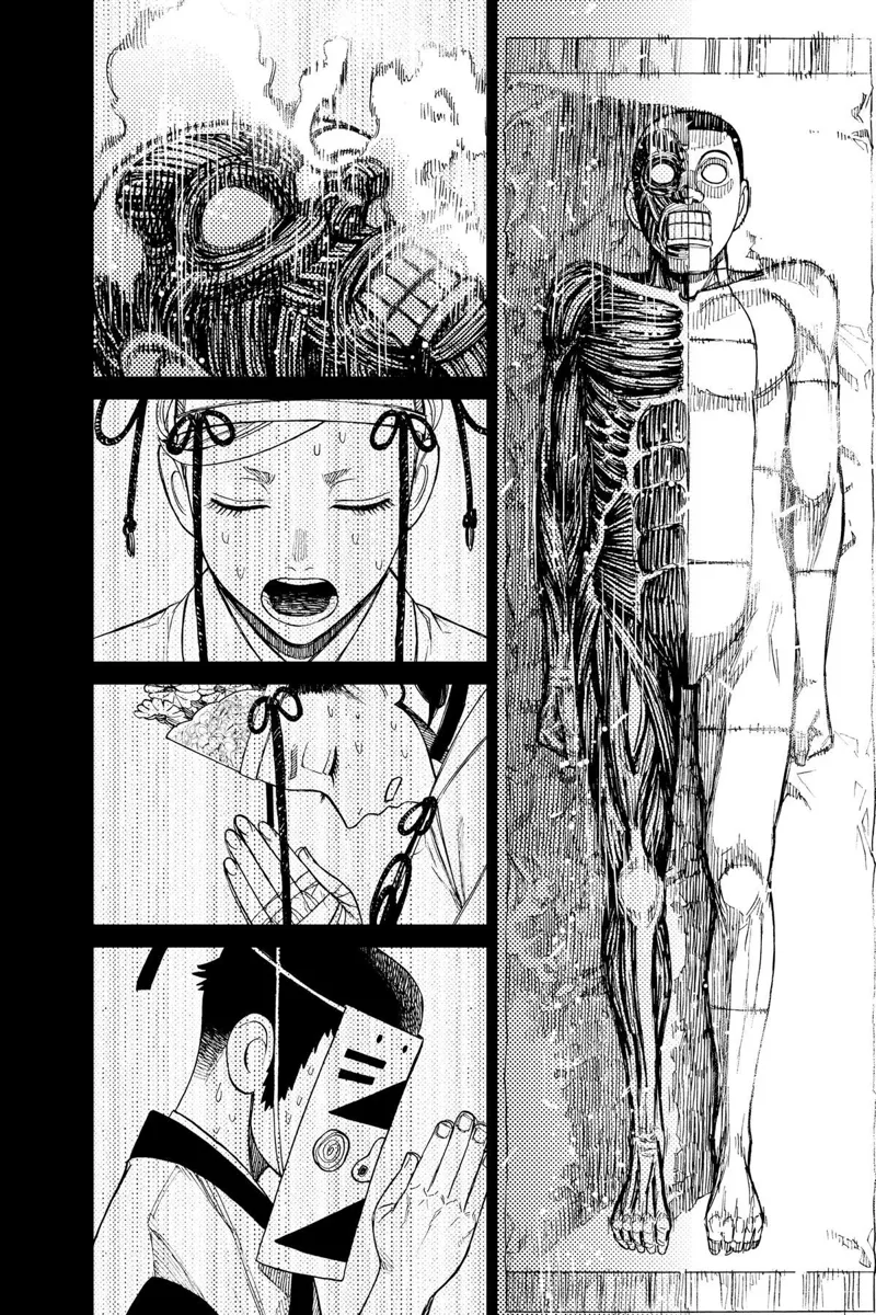 Momo, Grandma, and Manjiro are sweating while praying. Taro's face flinches.