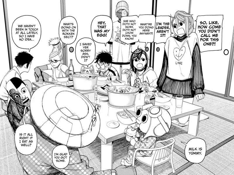 Aira, Momo, Okarun, Grandma, Manjiro, Taro, Kappa, and Chiquitita are having a nice meal.