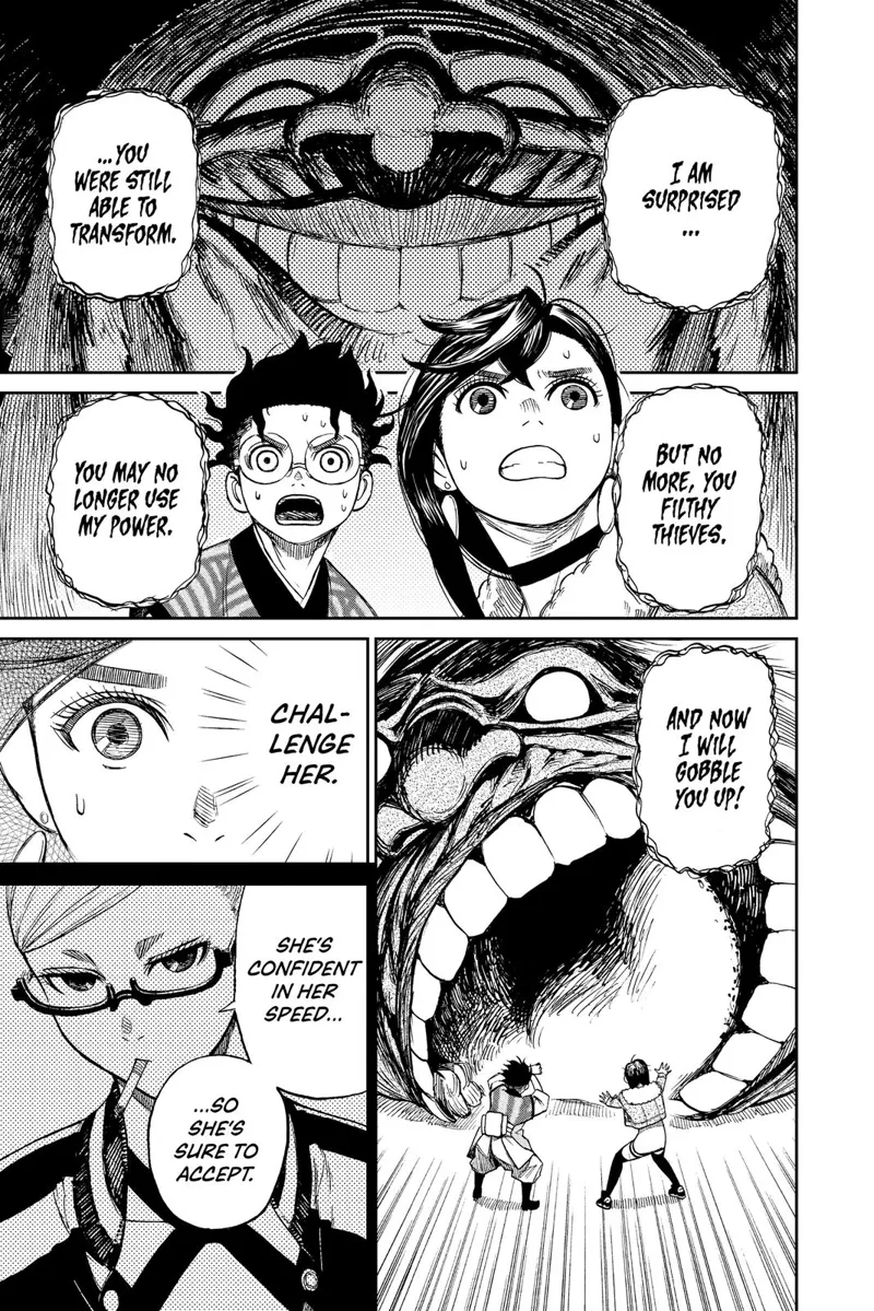 A huge granny head tries to gobble up Momo and Okarun. Momo recalls her Grandma telling them to challenge Turbo Granny.