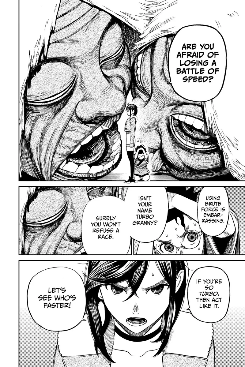 Momo stands between the two Granny heads who are about to eat them. She challenges them to a race.