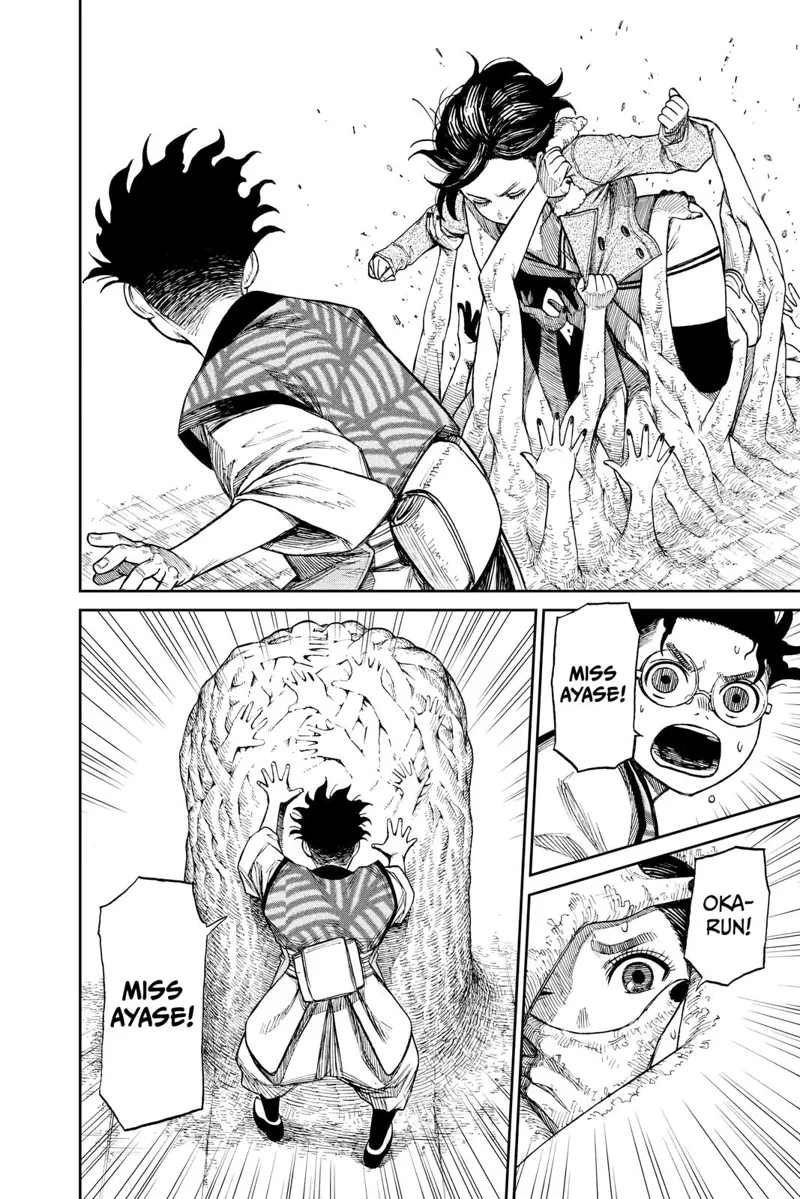 Suddenly, Momo is grabbed and covered by so many hands. Okarun is shocked and taps the many hands that cover Momo.