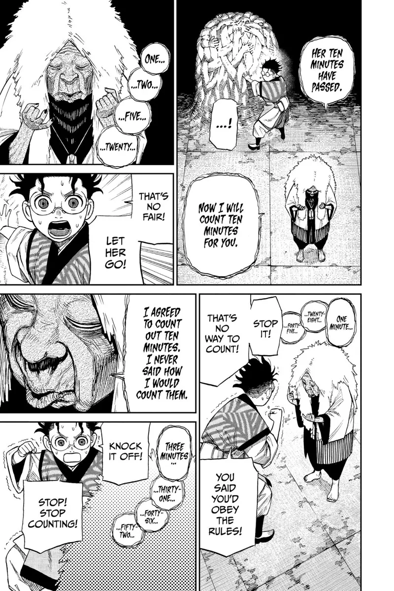 Turbo Granny appears behind Okarun after capturing Momo. She starts counting again for Okarun's turn to run. Okarun complains.