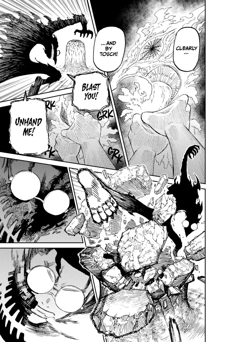 Momo strangles Turbo Granny's aura's neck. Turbo Granny kicks the hands that captured Momo. Okarun turns back to normal.