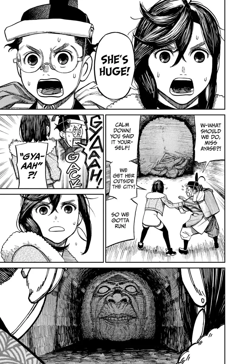 Momo and Okarun are surprised upon seeing the head, who now turns to see them and shows her face.
