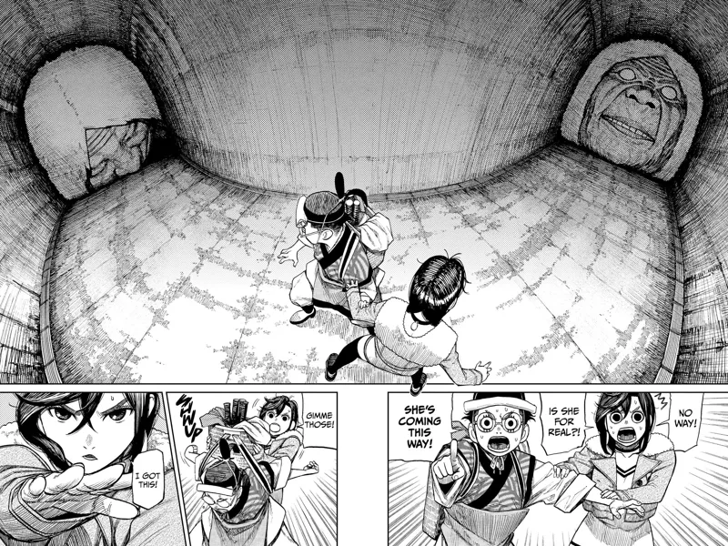 Okarun and Momo turn back but see another huge head similar to the one in front of them. They panic, but Momo extends her arm.