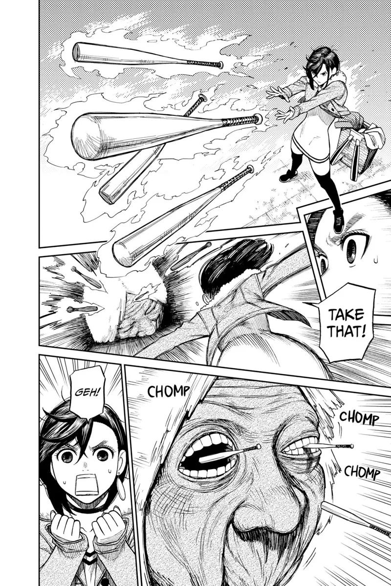 Momo prepares four baseball bats, imbues them with aura, and throws them to the huge Granny head. Granny head bites them.
