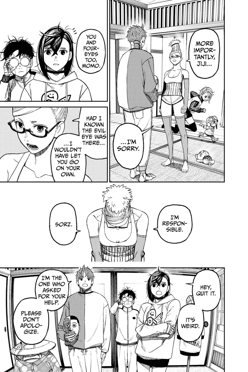 Grandma bows before Momo, Okarun, and Jiji to ask for forgiveness.