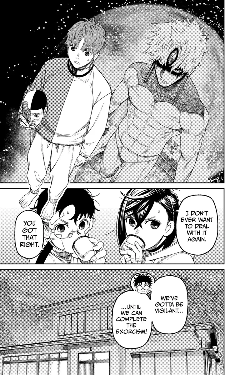 Jiji has a shadow of the Evil Eye behind him. Momo and Okarun drink hot water.