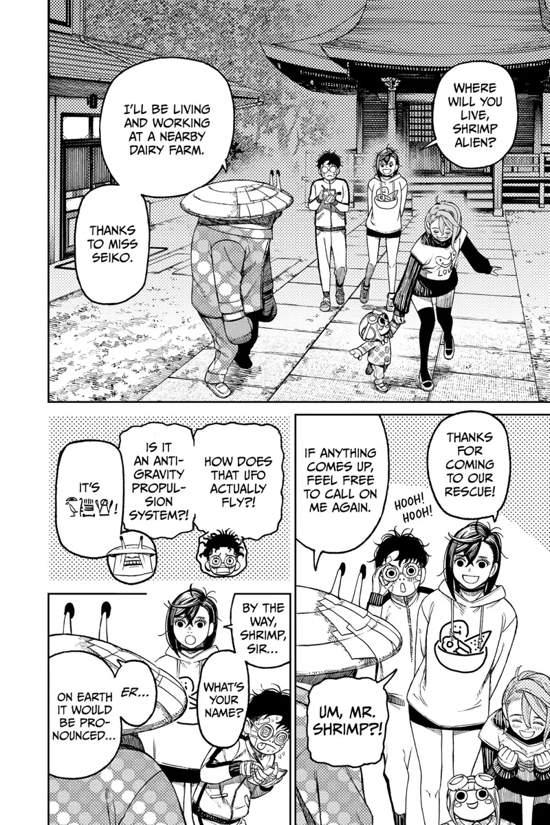 Momo, Okarun, and Ayase send the Kappa, the alien shrimp, and his kid farewell.