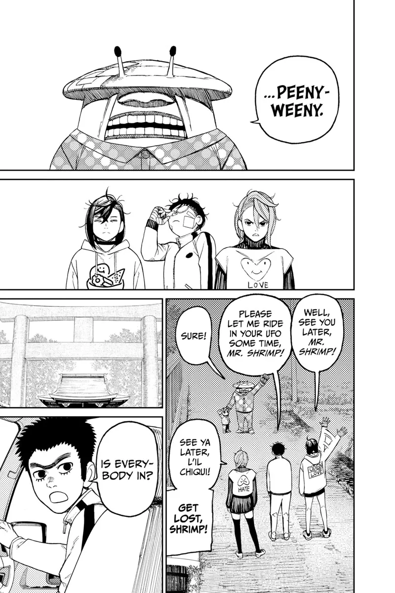 Mr. Shrimp reveals his full name, which is Peeny Weeny. They wave each other farewell.