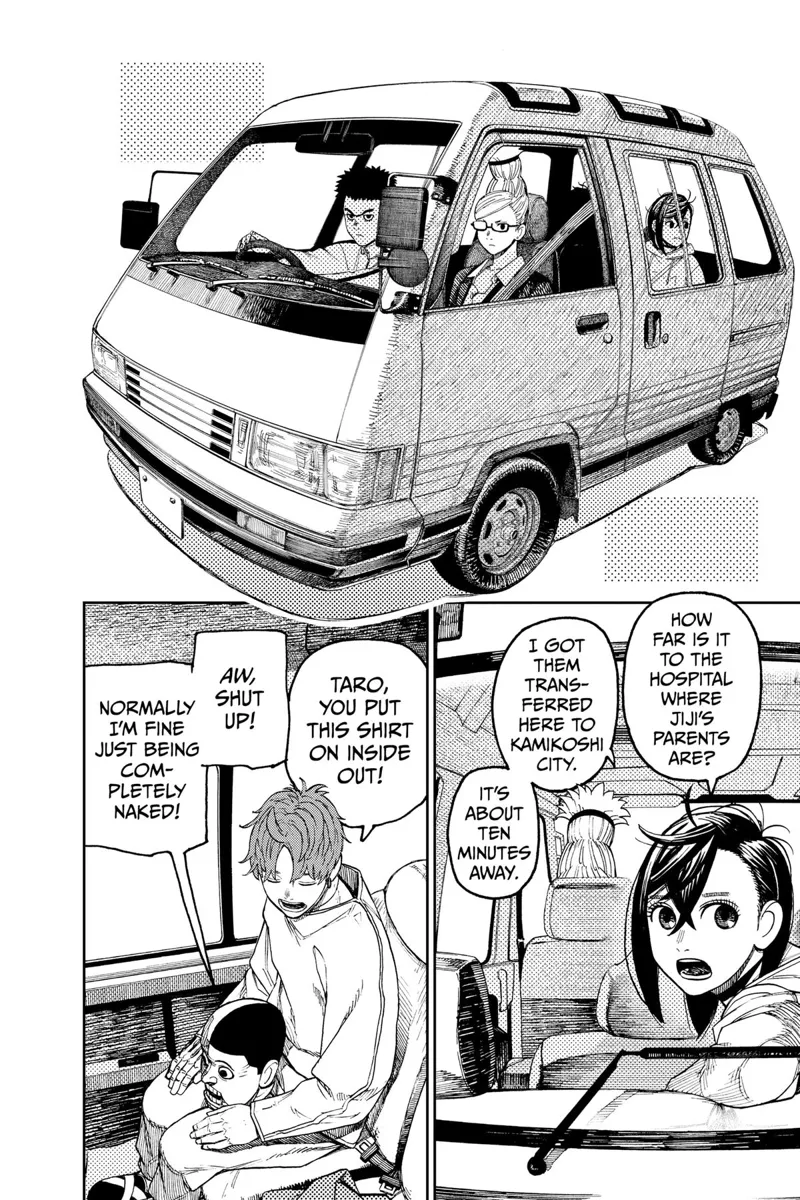 Grandma, Manjiro, Momo, Okarun, Taro, and Jiji are inside a van, driving to the hospital to see Jiji's parents.