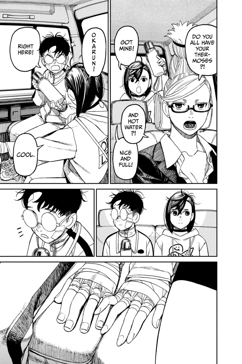 They reveal carrying thermoses. Okarun accidentally touches Momo's bandaged hands.