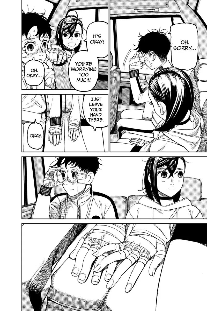 Okarun apologizes for touching Momo's hand, but Momo says it's fine. Momo touches Okarun's hands.