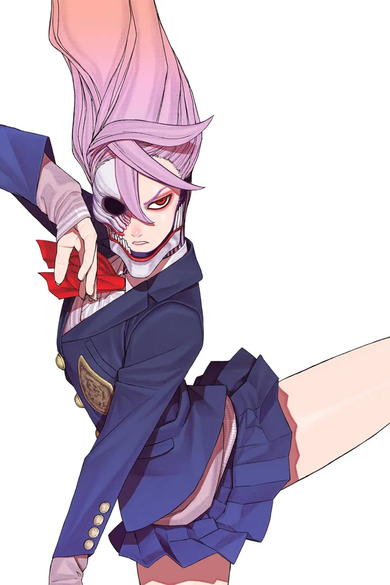 Colored image of cursed Aira dancing while wearing her school uniform on a white background.