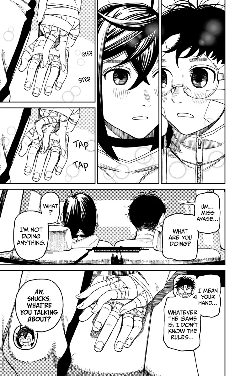 Momo's hands start playing on Okarun's hands, playing it like a piano. Okarun asks Momo why.