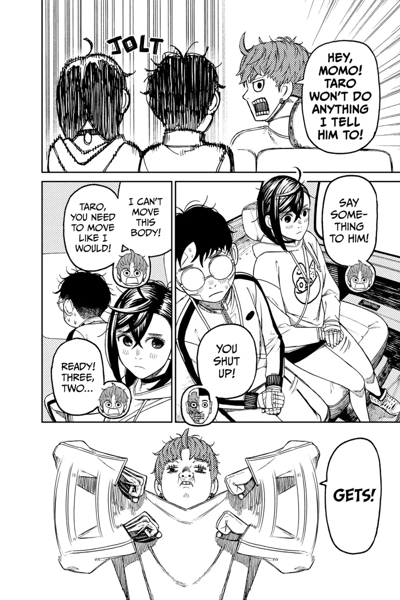 Jiji butts in, telling Momo he can't move Taro's body like he wanted to. Jiji suddenly flaps her elbows like a chicken.