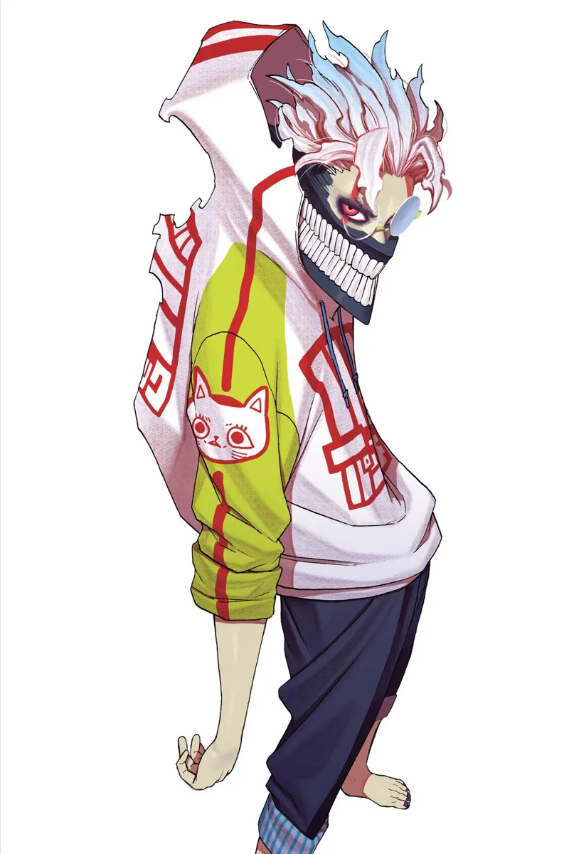 Colored image of cursed Okarun in a jacket hoodie on a white background.