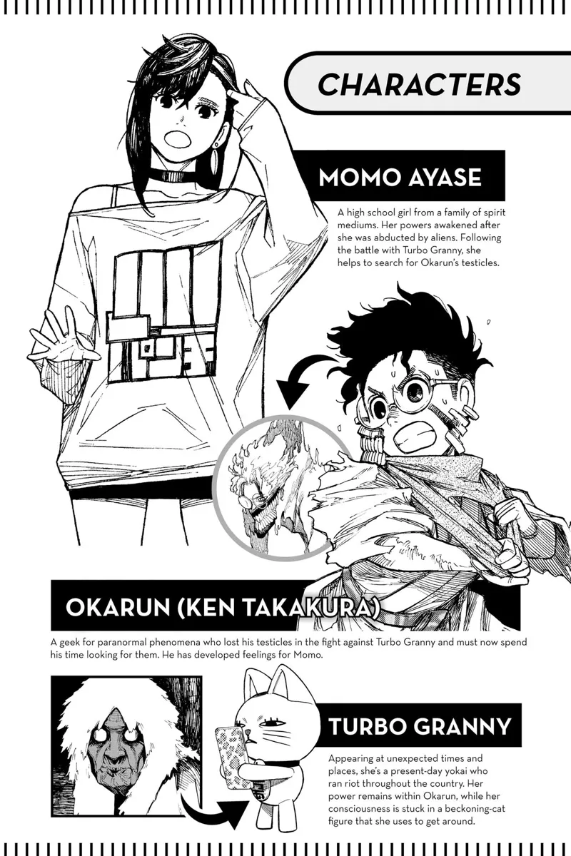 Character details of Momo Ayase, Okarun (Ken Takakura), and Turbo Granny inside a kitten's body.