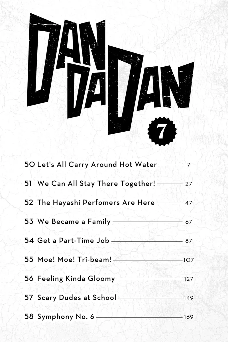 Dandadan list of chapters from 50 to 58.