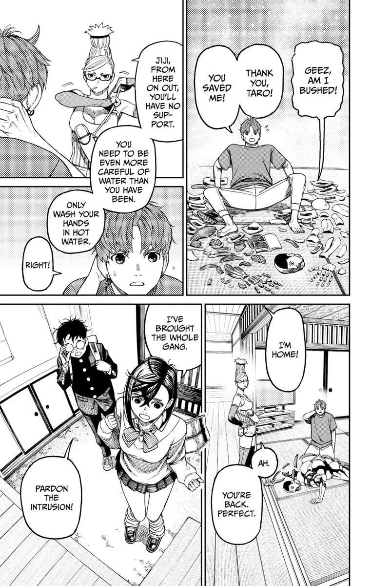 Taro's body bits are on the floor, and Jiji is free. Momo and Okarun arrive.