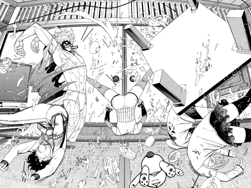 Jiji transforms into Evil Eye and flips the dining table, throwing away the food and the other people.