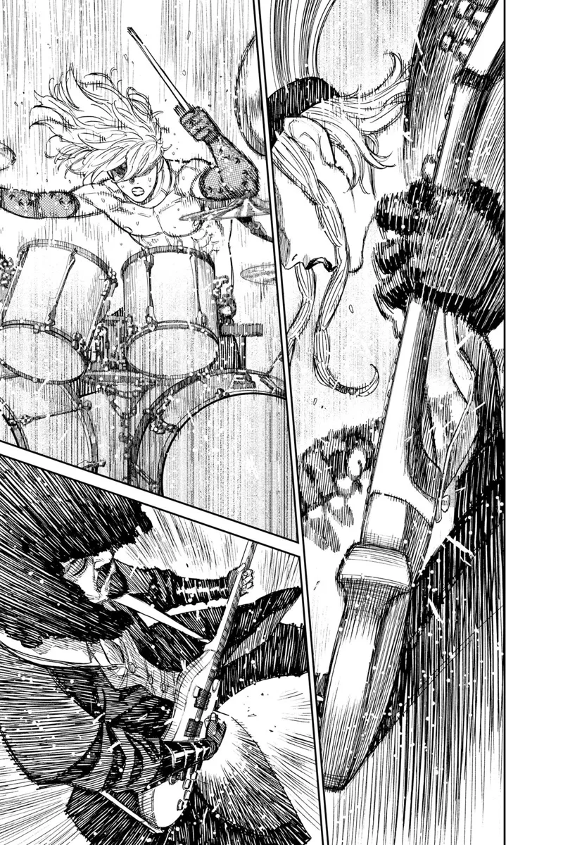 The guitarist and bass guitarist play their instruments. The drummer pummels his drums.